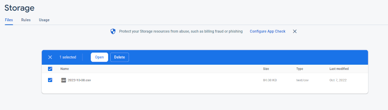 On the Firebase Dashboard, I can’t download this file. Counter intuitively, “Open” does not allow one to download.